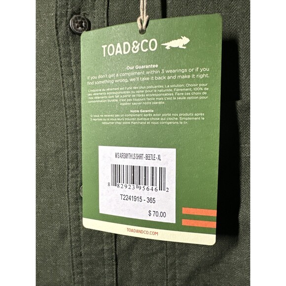 NWT Toad&Co Airsmyth Long Sleeve Shirt Men's XL Button Down Green Beetle - Picture 2 of 4